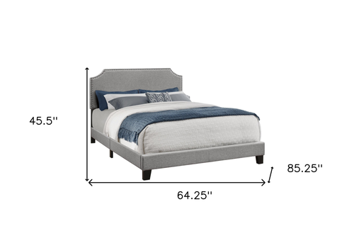 Gray Queen Upholstered Bed Frame with Nailhead Trim