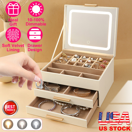 Jewelry Box with LED Mirror 3-Layer Jewelry Organizer