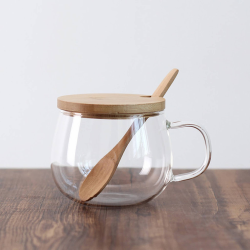 Borosilicate Glass Teacup w/  bamboo lid & spoon 11oz