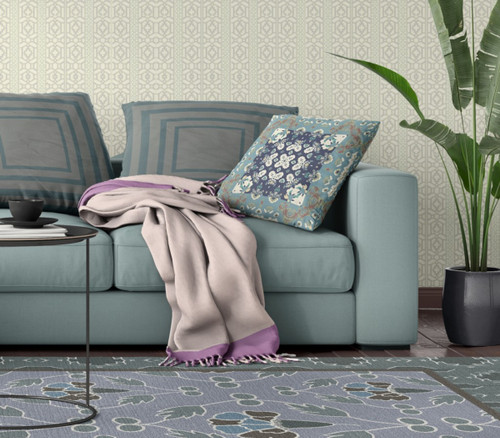 26" X 26" Gray And Blue Broadcloth Floral Throw Pillow