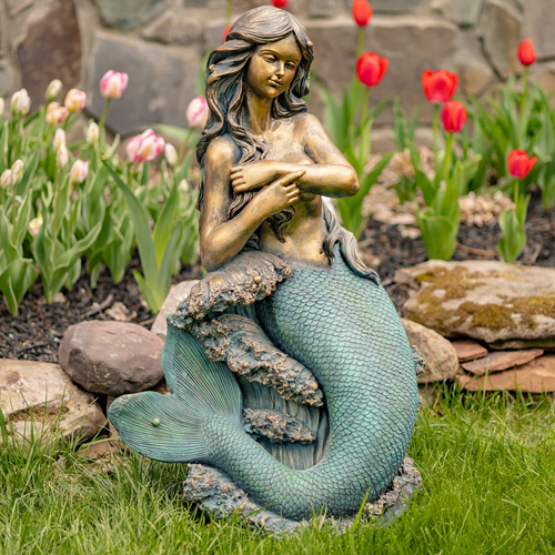 34" Tall Mermaid Sitting on Rock Garden Statue