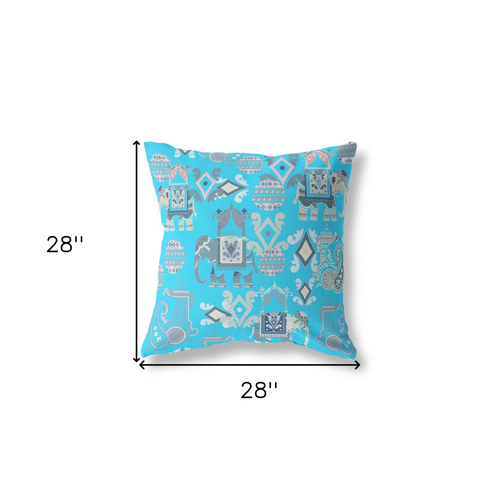 28" X 28" Blue Elephant Indoor Outdoor Throw Pillow