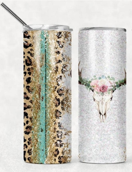 Country bull cow leopard western skinny tumbler
