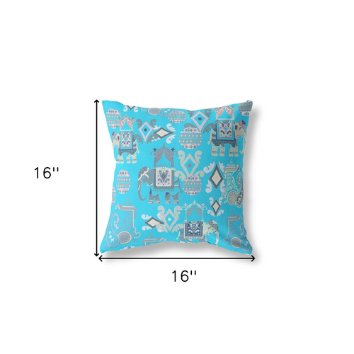 16" X 16" Bright Blue And Gray Broadcloth Floral Throw Pillow