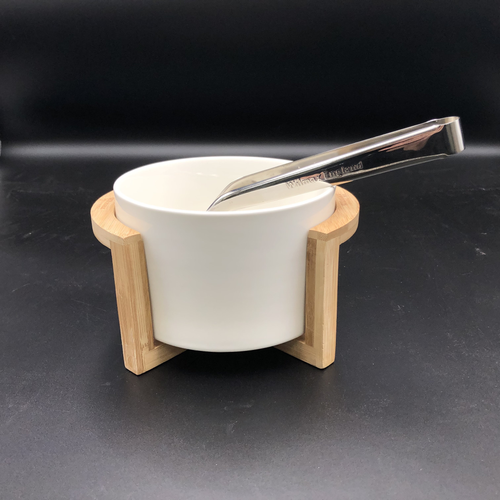 Medium salad bowl set with serving tongs and a Bamboo stand