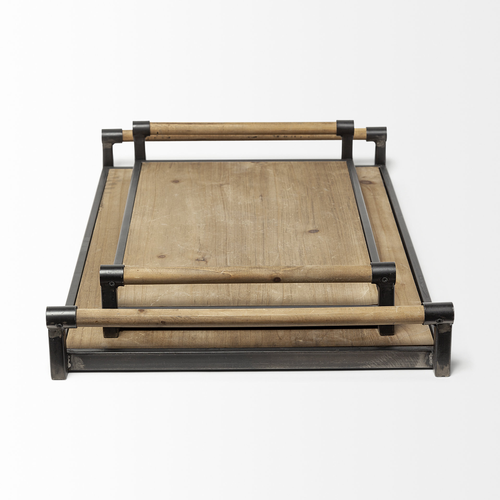 Set of Two Brown Wood Indoor Outdoor Serving Tray With Handles