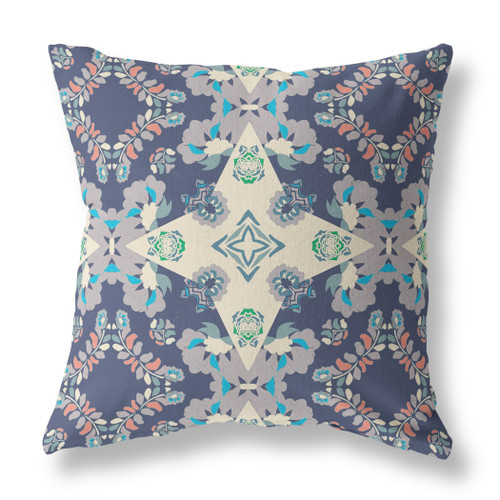 20" X 20" Blue And Off White Broadcloth Floral Throw Pillow