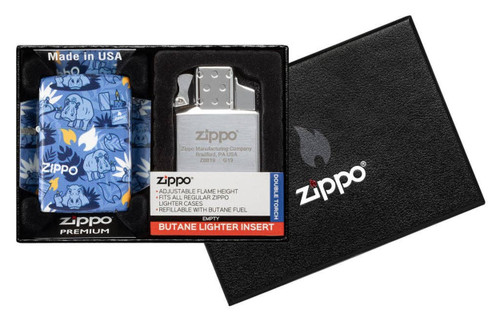 Zippo Pins & Aces Design Lighter + Double Torch Butane Insert Gift Combo Kit 