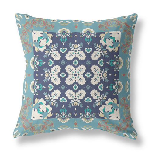 28" X 28" Gray And Blue Broadcloth Floral Throw Pillow