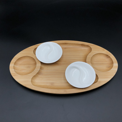 Fine Porcelain and Bamboo Serving tray combo set with a yin yang 2 section saucer 