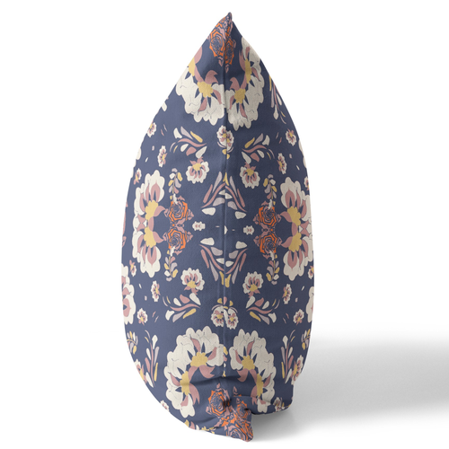 20" X 20" Blue And White Broadcloth Floral Throw Pillow