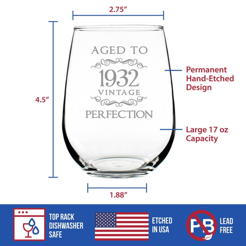 Aged to Perfection 32 Stemless Wine Glass 92nd Birthday Gift