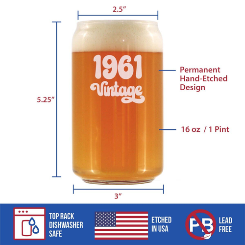 Vintage 1961 Beer Can Pint Glass - 63rd Birthday Gifts