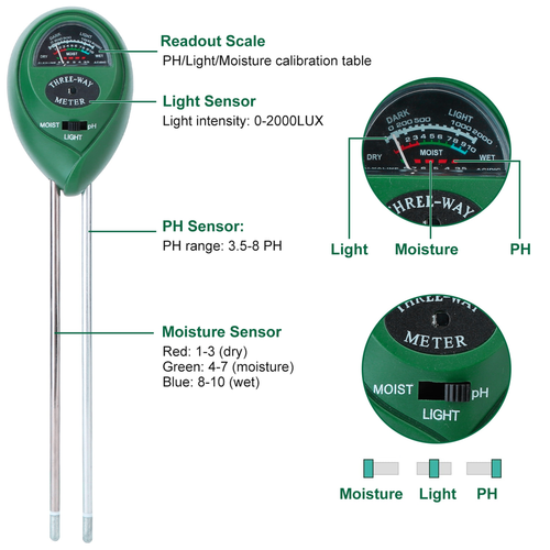 3 In 1 Soil Tester Kit Soil Moisture Light PH Tester Meter Gardening Tool Kit 