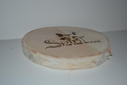 Birch Log Coasters set of six With Wood Burned Spirit of the Woods Logo