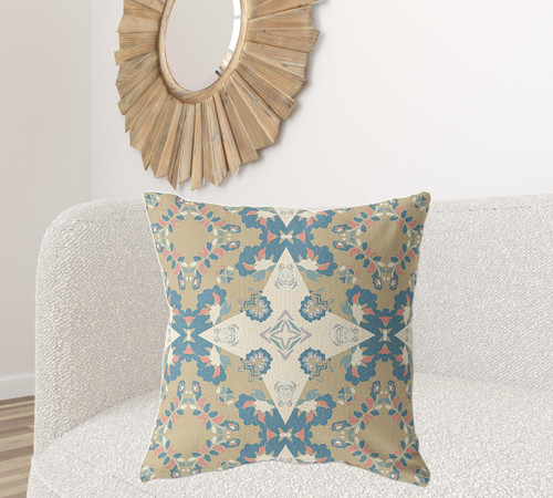 28" X 28" Muted Yellow And Teal Broadcloth Floral Throw Pillow