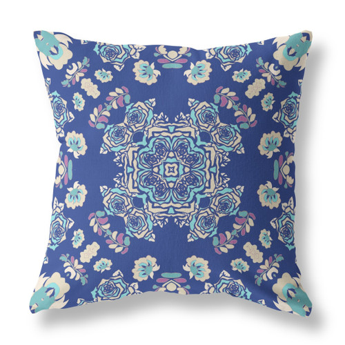 20" X 20" Blue And Off White Broadcloth Floral Throw Pillow