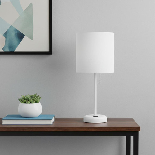 20" White Metal Table Lamp With White Drum Shade