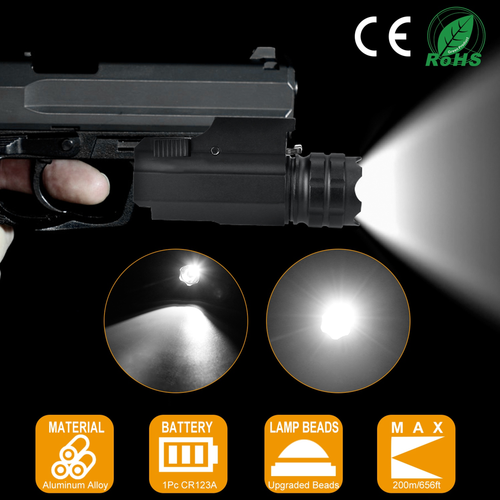 Tactical Pistol LED Flashlight Compact Weapon Rail Mount Flashlight