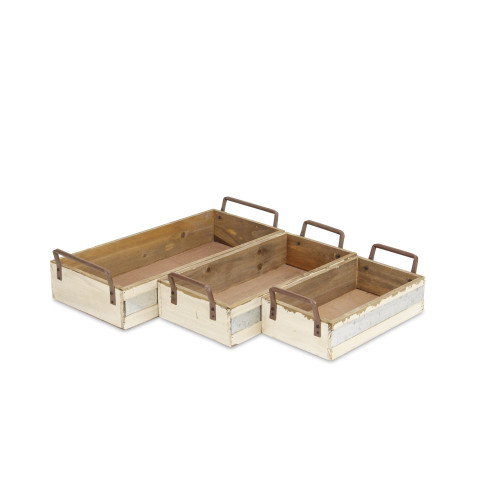 Set of Three White Solid Wood And Metal Crate