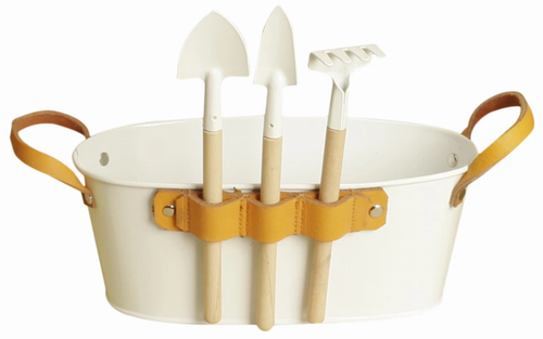 9" White Oval Planter with Garden Tools