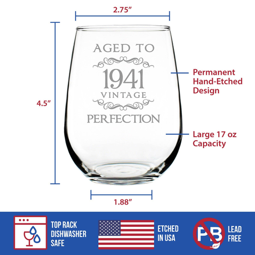 Aged to Perfection 41 Stemless Wine Glass 83rd Birthday Gift