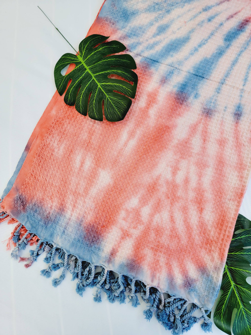 Throw Blanket Cotton-Quick fold throw Coral/Navy