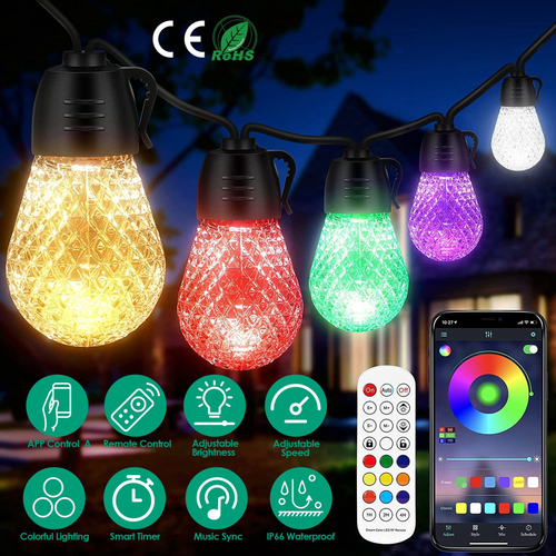52.5FT Colorful Outdoor String Lights Smart RGB LED Patio Lights