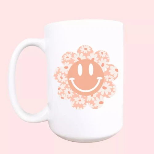 Floral daisy happy face ceramic coffee mug