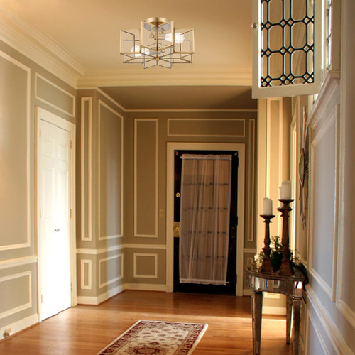 Brass Unique Statement Two Light Metal Dimmable Flush Chandelier With Clear Shades