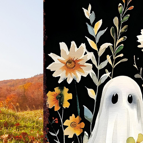 10" Black White And Orange Solid Wood Daisies Halloween Ghost Garden Stake
