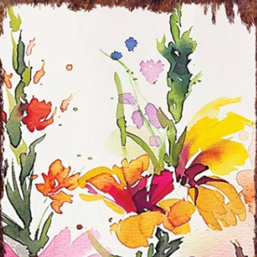 36" White Green Pink And Yellow Solid Wood Watercolor Floral Porch Sign