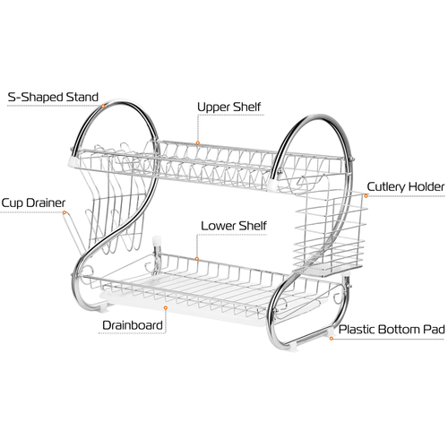 2-Tier Dish Rack Chrome-plated Steel Kitchen Drying 