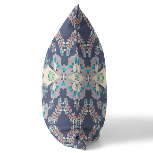 28" X 28" Blue And Off White Broadcloth Floral Throw Pillow