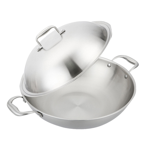 Stainless Steel Double Handle Wok Frying Fry Pan Skillet with Lid