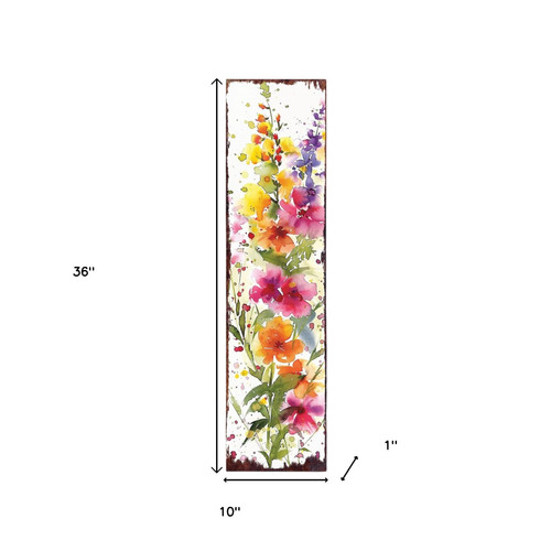 36" White Yellow Pink Green And Purple Solid Wood Watercolor Floral Porch Sign