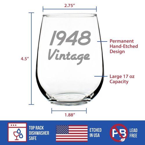 Vintage 1948 Stemless Wine Glass - 76th Birthday Gifts