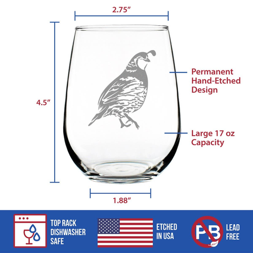 Quail Stemless Wine Glass - Bird Hunting Gifts and Decor