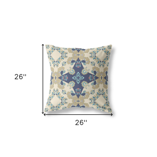 26" X 26" Cream Floral Indoor Outdoor Throw Pillow