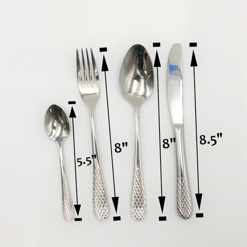 Four (4) piece 18/10 stainless steel Julia dinner set by Wilmax with herringbone design on a solid handle