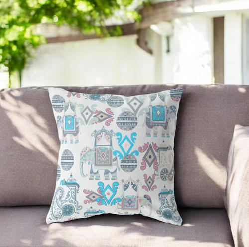 26" X 26" Blue and White Elephant Indoor Outdoor Throw Pillow