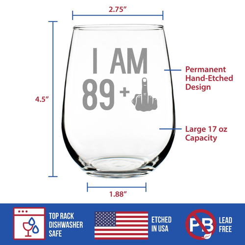 90th Birthday Gifts - 89 Middle Finger Stemless Wine Glass