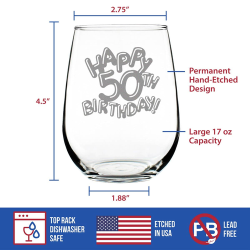 Birthday Balloons 50 Stemless Wine Glass 50th Birthday Gifts