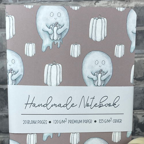 Mauve Pumpkins and Ghosts A5-ish size Saddle Bound Notebook