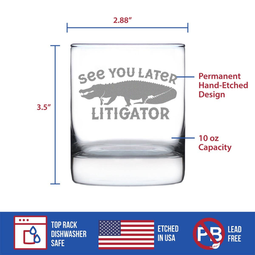 Later Litigator Whiskey Rocks Glass - Funny Lawyer Gifts