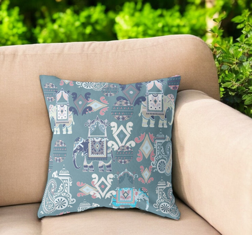26" X 26" Green and White Elephant Indoor Outdoor Throw Pillow