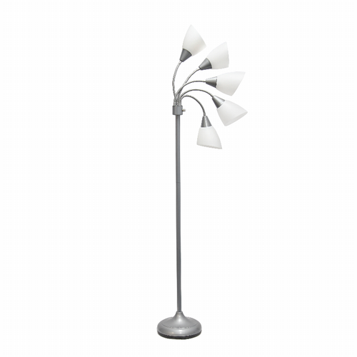 Simple Designs 5 Light Adjustable Gooseneck Silver Floor Lamp with White Shades