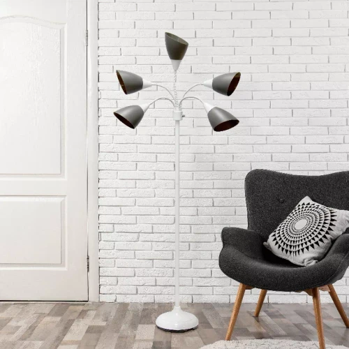Simple Designs 5 Light Adjustable Gooseneck White Floor Lamp with Gray Shades