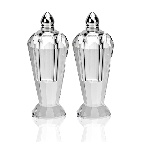 Handcrafted Optical Crystal And Silver Pair Of Salt And Pepper Shakers