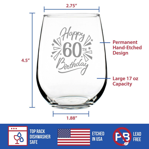 Confetti Birthday 60 Stemless Wine Glass 60th Birthday Gifts
